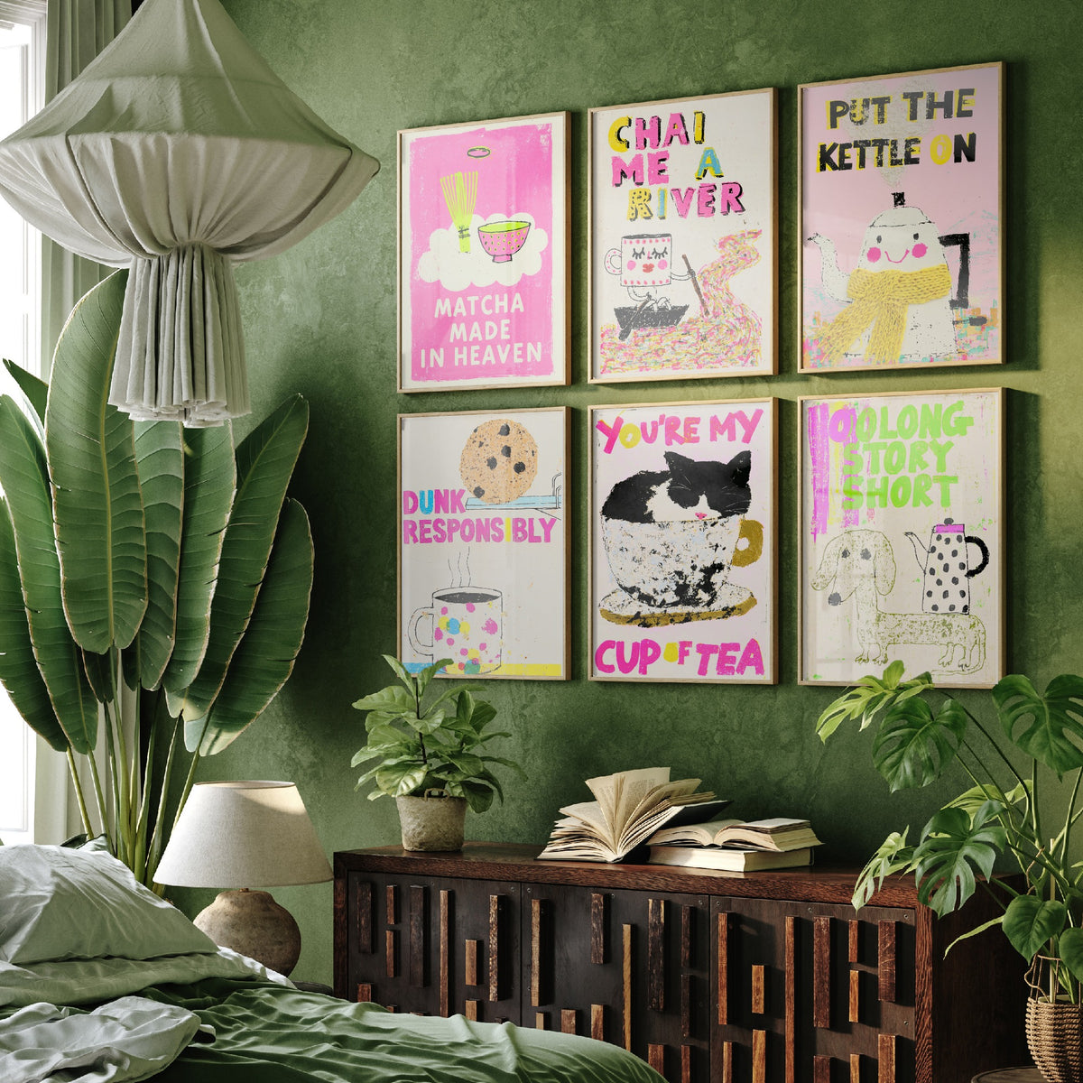 Set of Six Tea Pun Art Prints - 6 Funny Tea Posters - Matcha Made in Heaven, Chai Me a River, Oolong Story Short Illustration