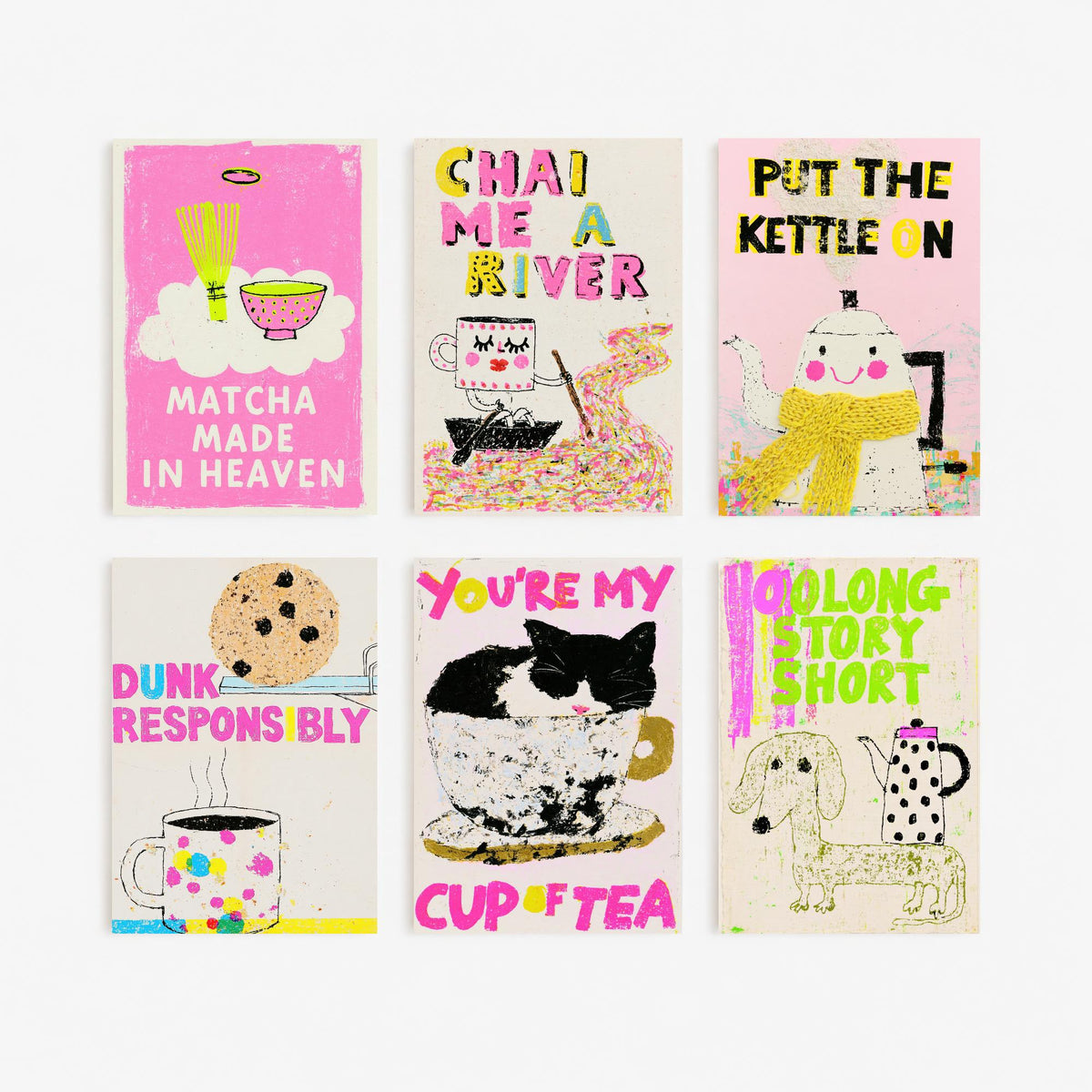 Set of Six Tea Pun Art Prints - 6 Funny Tea Posters - Matcha Made in Heaven, Chai Me a River, Oolong Story Short Illustration