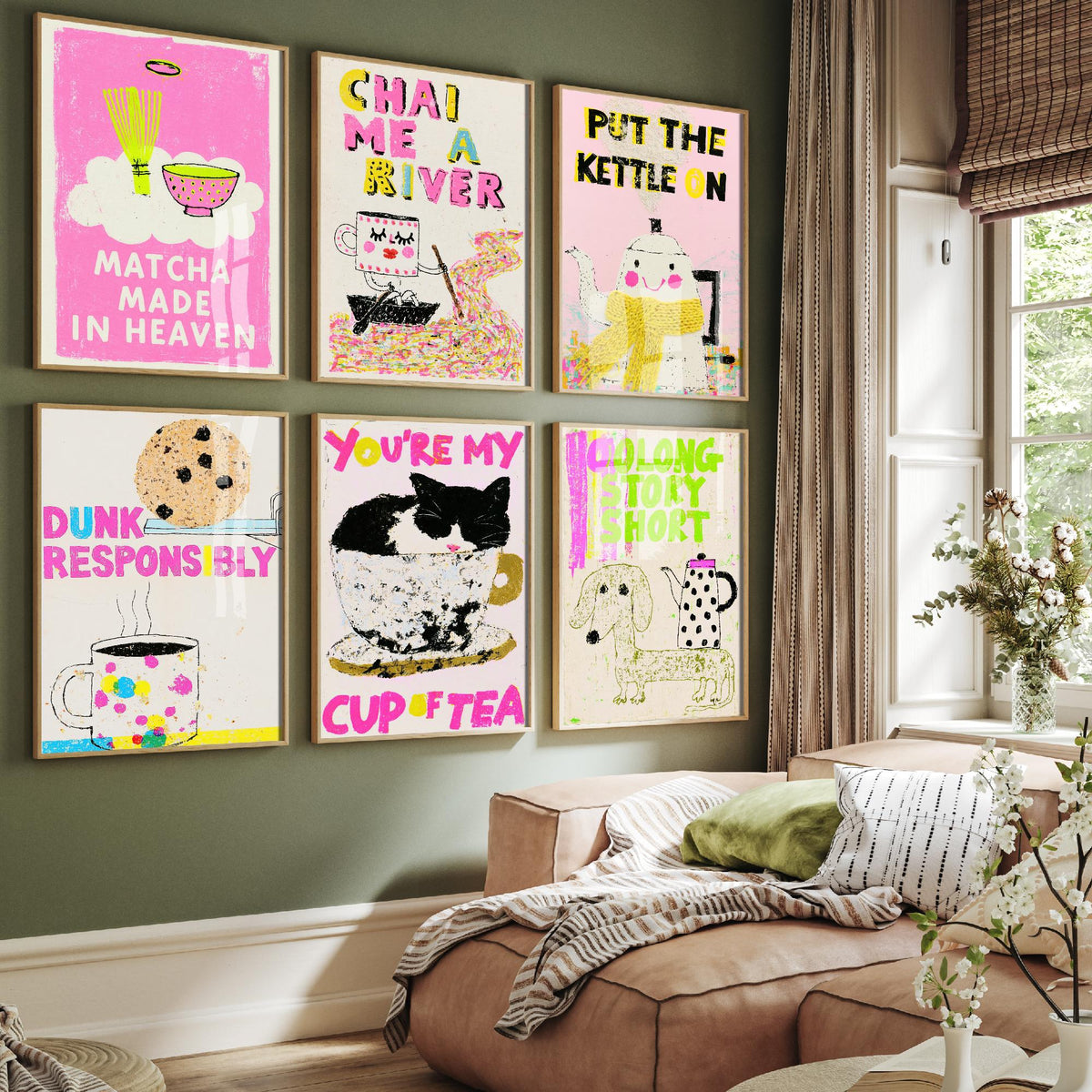 Set of Six Tea Pun Art Prints - 6 Funny Tea Posters - Matcha Made in Heaven, Chai Me a River, Oolong Story Short Illustration