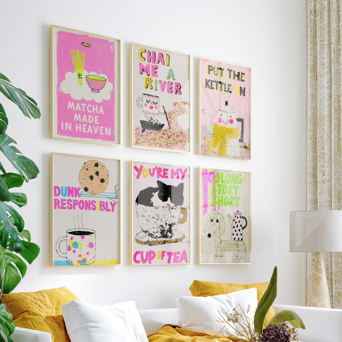 Set of Six Tea Pun Art Prints - 6 Funny Tea Posters - Matcha Made in Heaven, Chai Me a River, Oolong Story Short Illustration