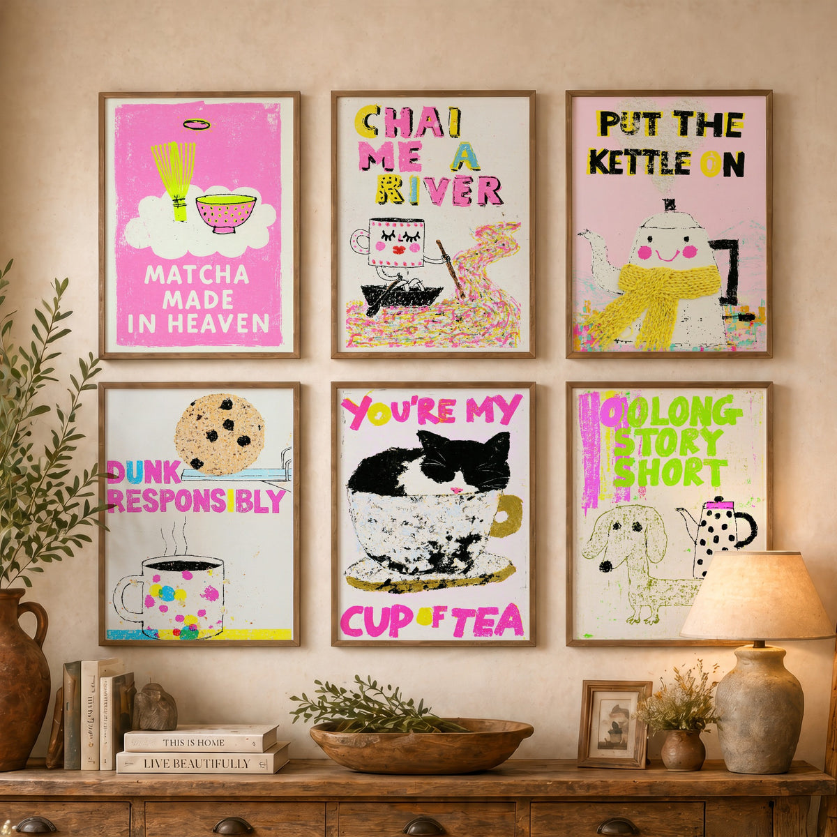 Set of Six Tea Pun Art Prints - 6 Funny Tea Posters - Matcha Made in Heaven, Chai Me a River, Oolong Story Short Illustration