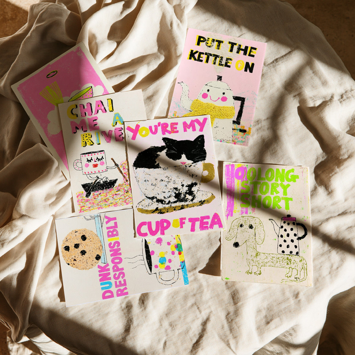 Set of Six Tea Pun Art Prints - 6 Funny Tea Posters - Matcha Made in Heaven, Chai Me a River, Oolong Story Short Illustration