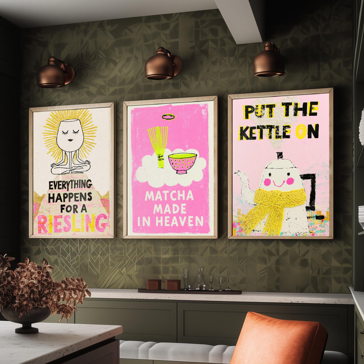 Everything Happens for a Riesling, Matcha Made in Heaven, Put the Kettle On - Zen Drinks Set of Three Art Prints - Pink Poster Illustration