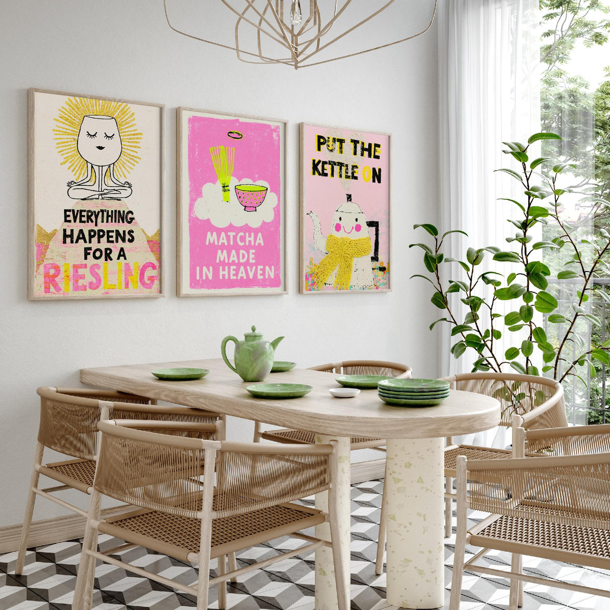 Everything Happens for a Riesling, Matcha Made in Heaven, Put the Kettle On - Zen Drinks Set of Three Art Prints - Pink Poster Illustration