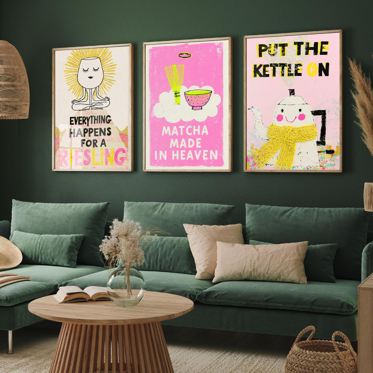 Everything Happens for a Riesling, Matcha Made in Heaven, Put the Kettle On - Zen Drinks Set of Three Art Prints - Pink Poster Illustration