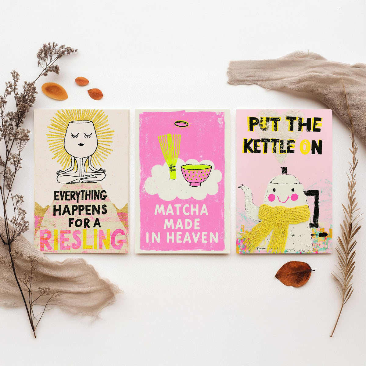 Everything Happens for a Riesling, Matcha Made in Heaven, Put the Kettle On - Zen Drinks Set of Three Art Prints - Pink Poster Illustration