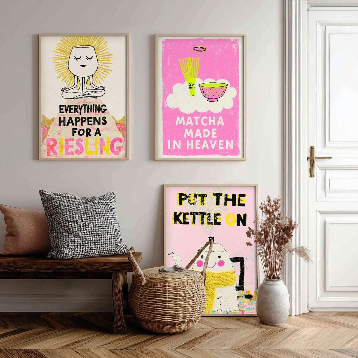 Everything Happens for a Riesling, Matcha Made in Heaven, Put the Kettle On - Zen Drinks Set of Three Art Prints - Pink Poster Illustration