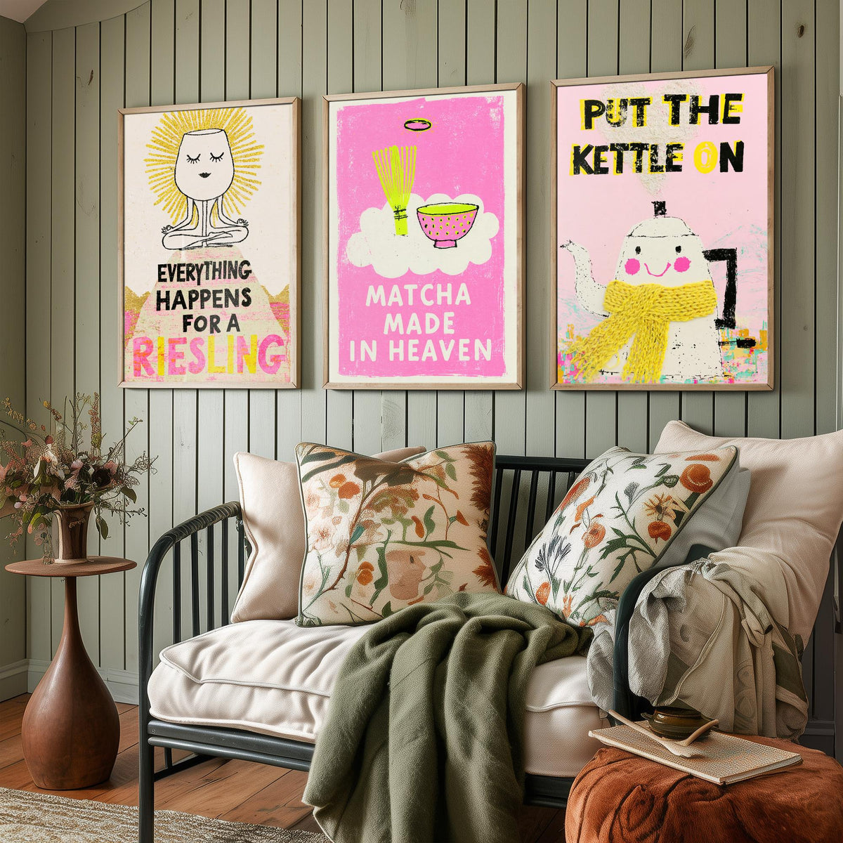Everything Happens for a Riesling, Matcha Made in Heaven, Put the Kettle On - Zen Drinks Set of Three Art Prints - Pink Poster Illustration