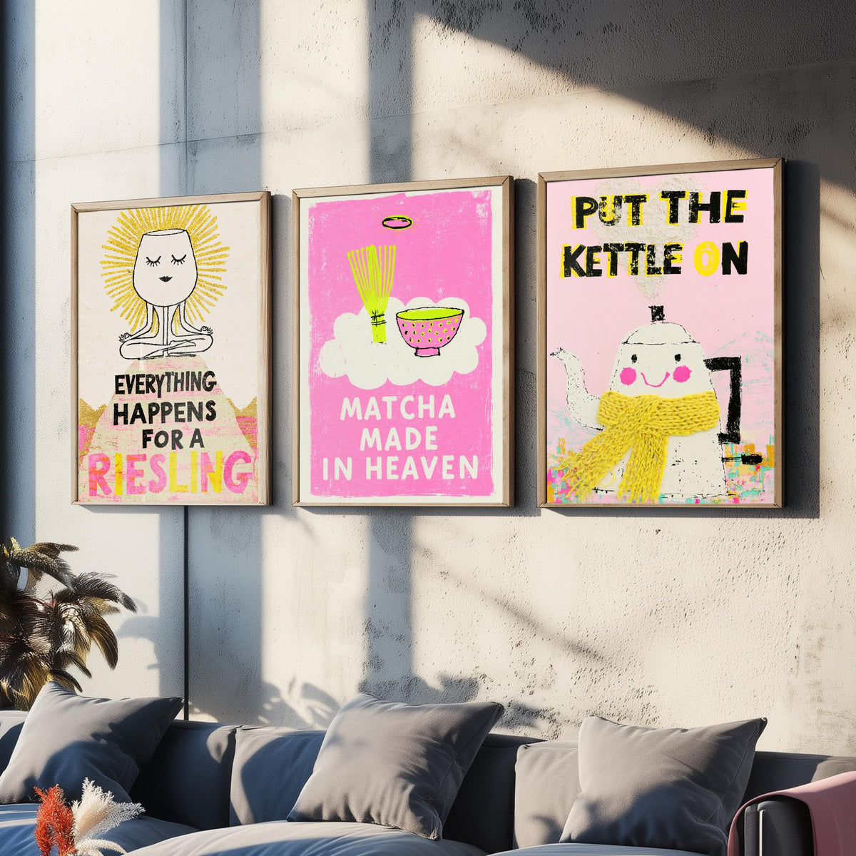 Everything Happens for a Riesling, Matcha Made in Heaven, Put the Kettle On - Zen Drinks Set of Three Art Prints - Pink Poster Illustration