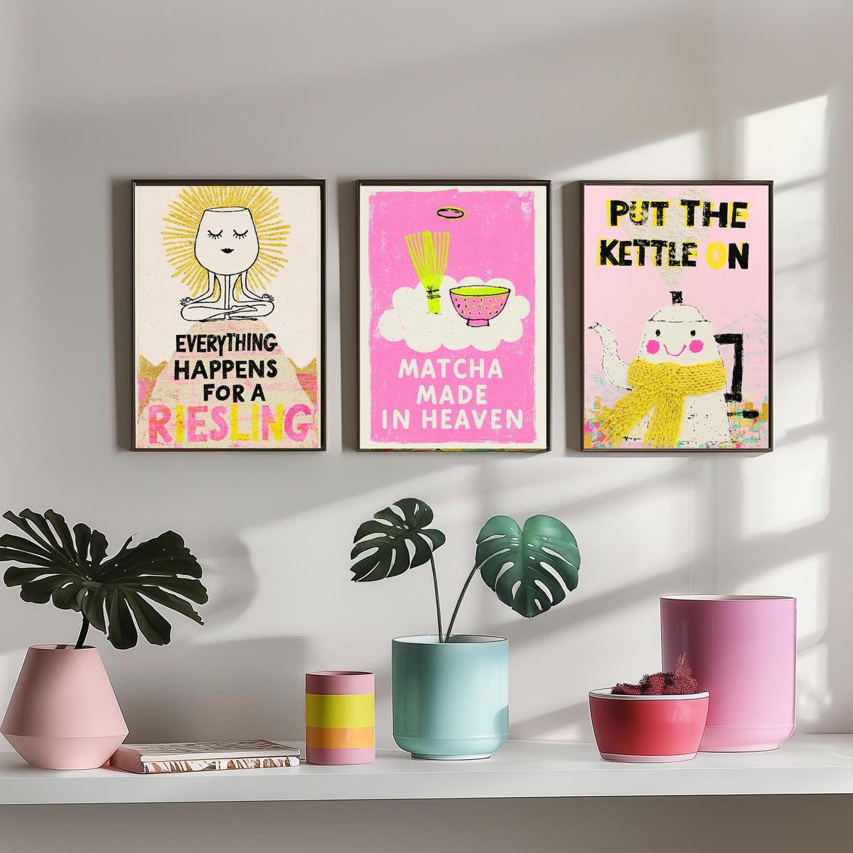 Everything Happens for a Riesling, Matcha Made in Heaven, Put the Kettle On - Zen Drinks Set of Three Art Prints - Pink Poster Illustration