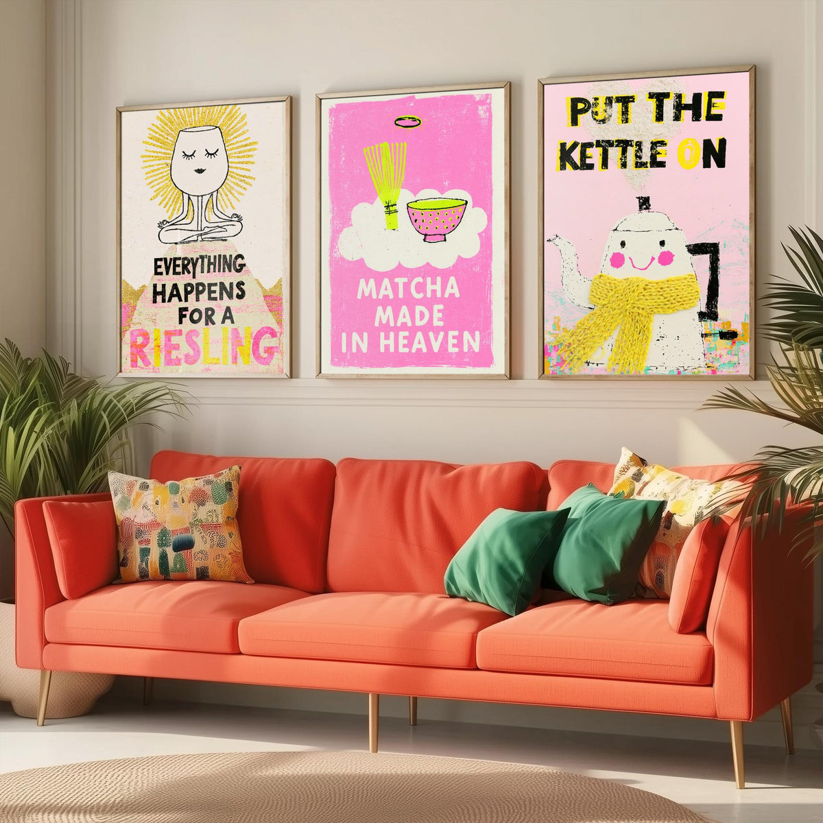 Everything Happens for a Riesling, Matcha Made in Heaven, Put the Kettle On - Zen Drinks Set of Three Art Prints - Pink Poster Illustration