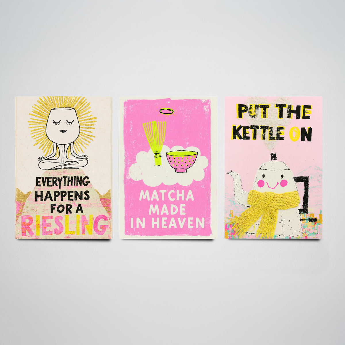 Everything Happens for a Riesling, Matcha Made in Heaven, Put the Kettle On - Zen Drinks Set of Three Art Prints - Pink Poster Illustration