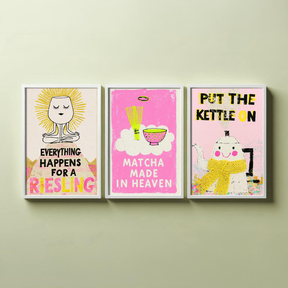 Everything Happens for a Riesling, Matcha Made in Heaven, Put the Kettle On - Zen Drinks Set of Three Art Prints - Pink Poster Illustration