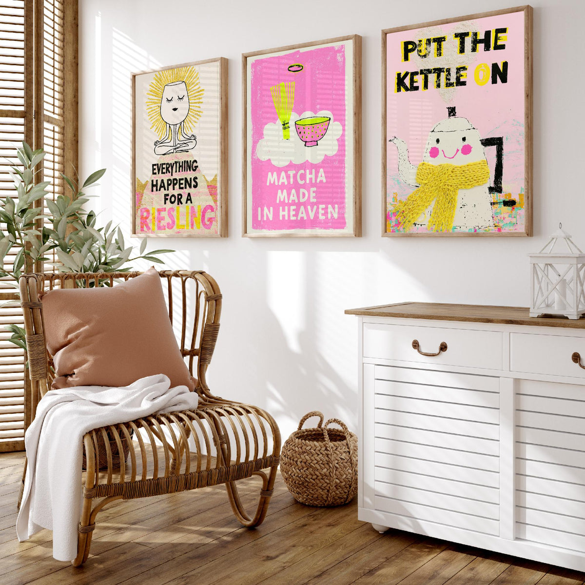 Everything Happens for a Riesling, Matcha Made in Heaven, Put the Kettle On - Zen Drinks Set of Three Art Prints - Pink Poster Illustration