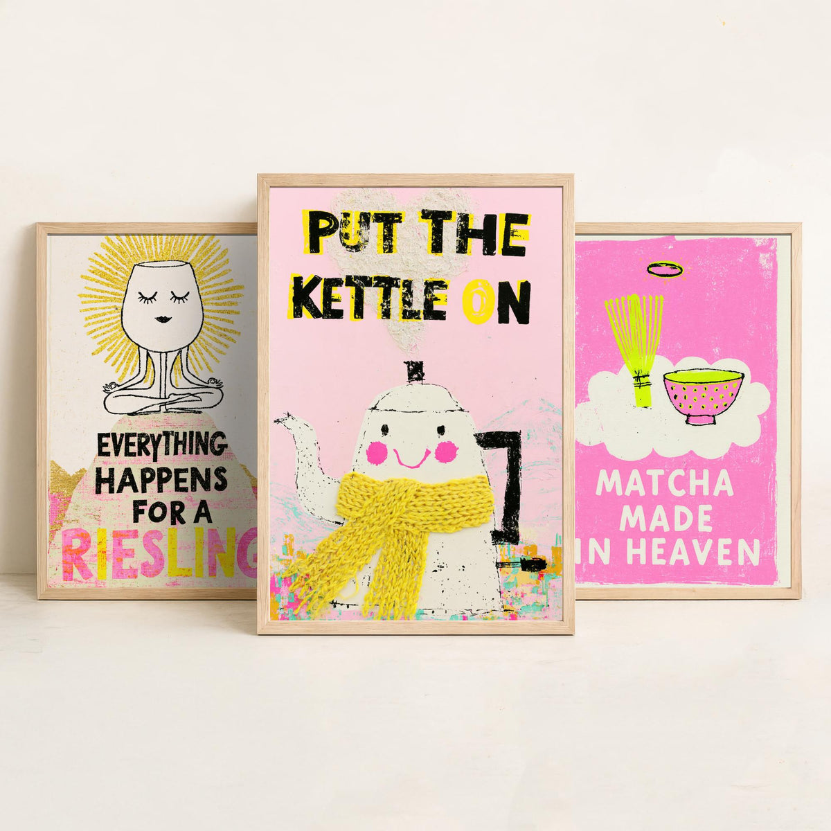 Everything Happens for a Riesling, Matcha Made in Heaven, Put the Kettle On - Zen Drinks Set of Three Art Prints - Pink Poster Illustration