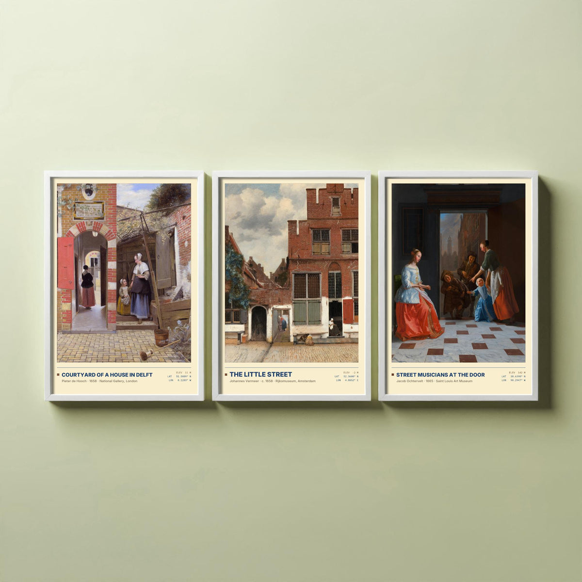 Dutch Doorways Set of Three Art Prints - The Little Street, Courtyard of a House in Delft, Street Musicians - Vermeer Paintings Posters