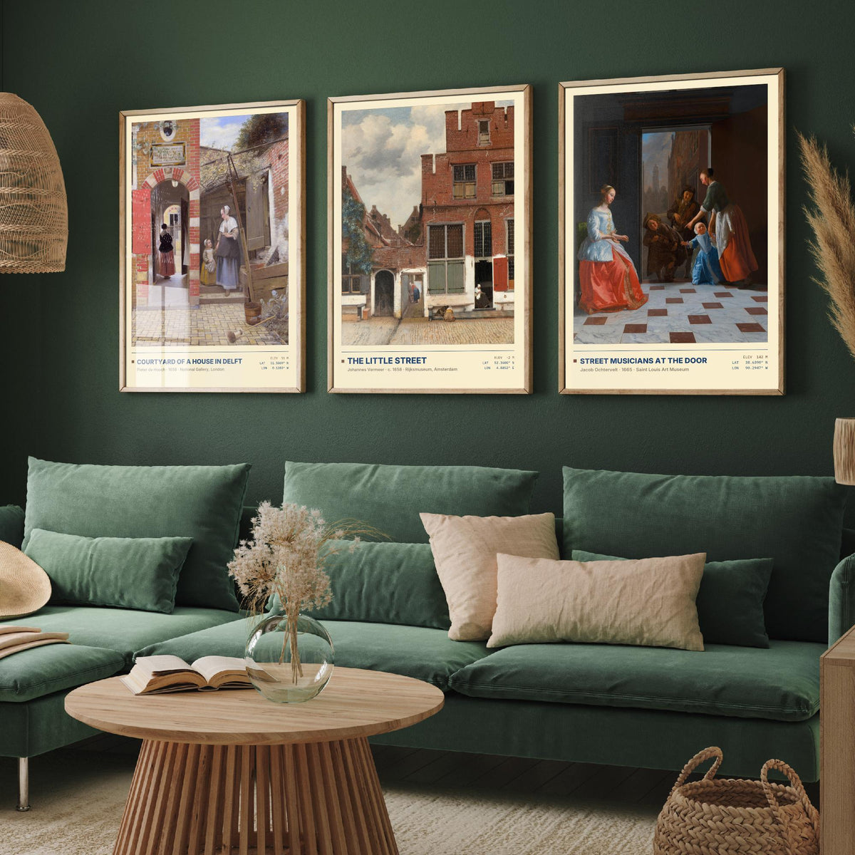 Dutch Doorways Set of Three Art Prints - The Little Street, Courtyard of a House in Delft, Street Musicians - Vermeer Paintings Posters