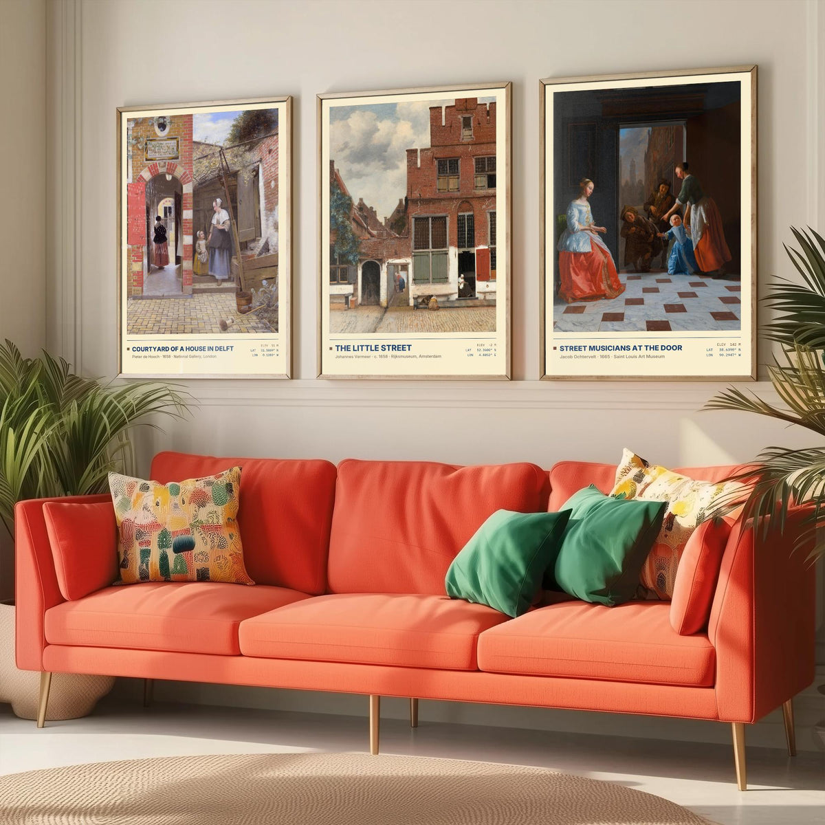 Dutch Doorways Set of Three Art Prints - The Little Street, Courtyard of a House in Delft, Street Musicians - Vermeer Paintings Posters