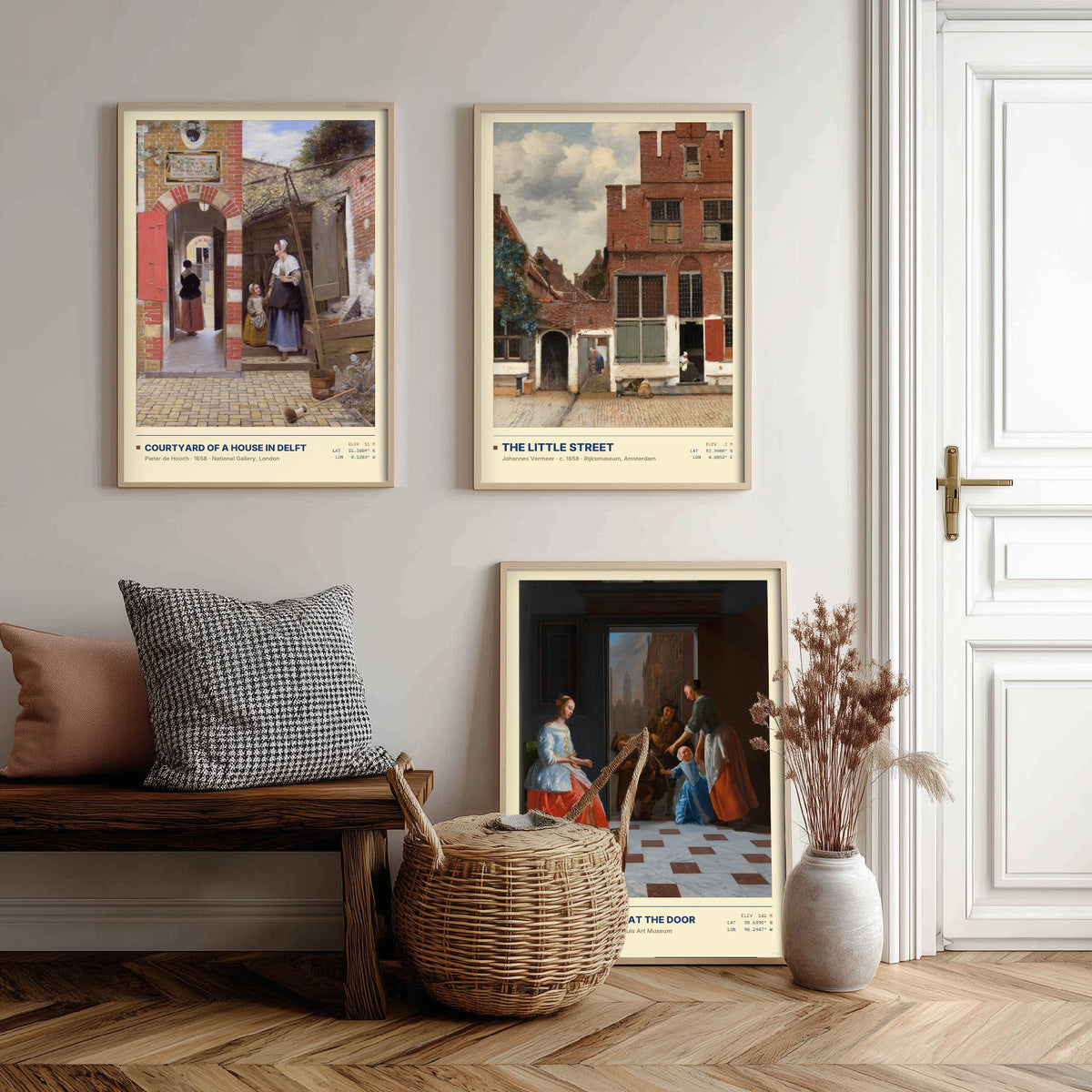 Dutch Doorways Set of Three Art Prints - The Little Street, Courtyard of a House in Delft, Street Musicians - Vermeer Paintings Posters