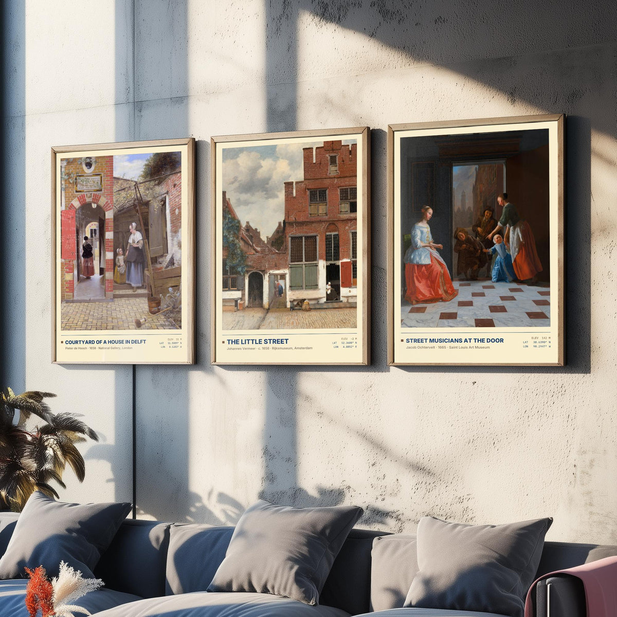 Dutch Doorways Set of Three Art Prints - The Little Street, Courtyard of a House in Delft, Street Musicians - Vermeer Paintings Posters