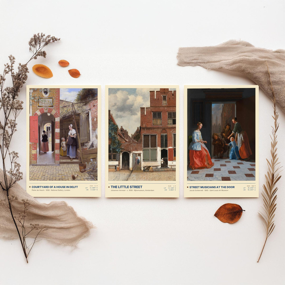 Dutch Doorways Set of Three Art Prints - The Little Street, Courtyard of a House in Delft, Street Musicians - Vermeer Paintings Posters