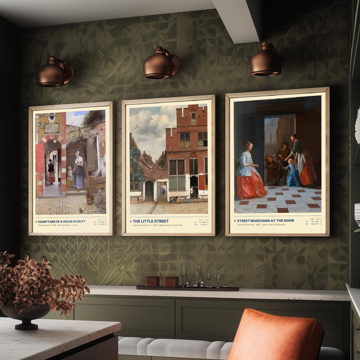 Dutch Doorways Set of Three Art Prints - The Little Street, Courtyard of a House in Delft, Street Musicians - Vermeer Paintings Posters