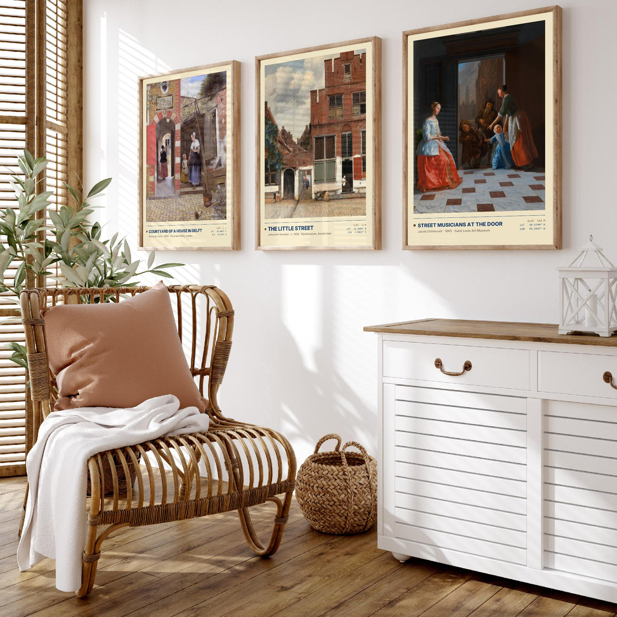 Dutch Doorways Set of Three Art Prints - The Little Street, Courtyard of a House in Delft, Street Musicians - Vermeer Paintings Posters