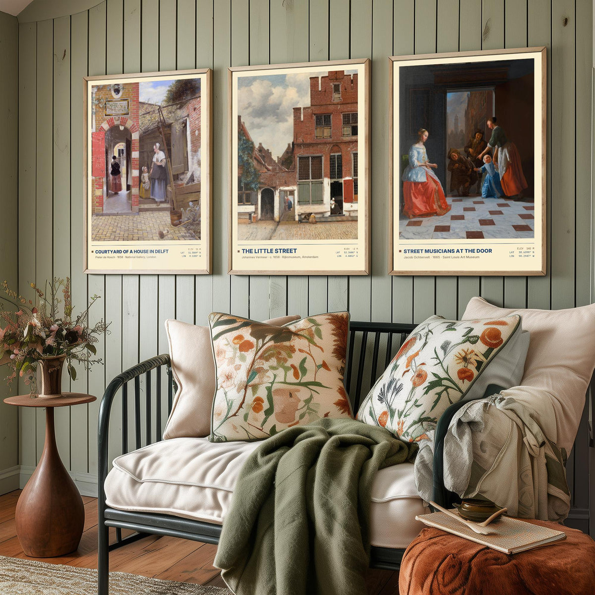 Dutch Doorways Set of Three Art Prints - The Little Street, Courtyard of a House in Delft, Street Musicians - Vermeer Paintings Posters