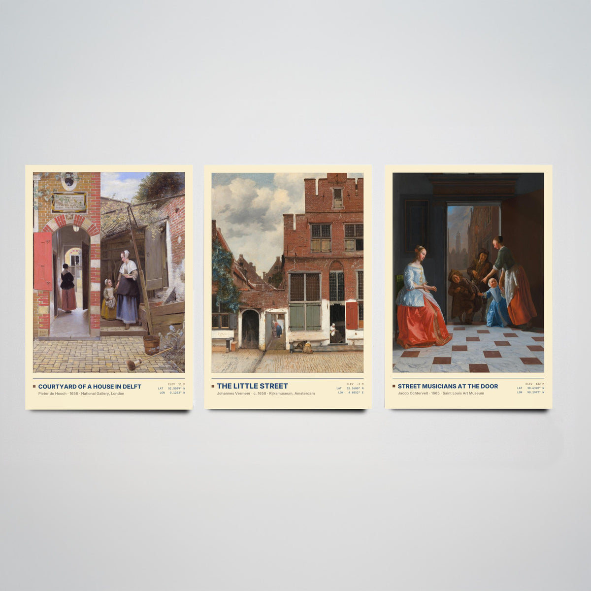 Dutch Doorways Set of Three Art Prints - The Little Street, Courtyard of a House in Delft, Street Musicians - Vermeer Paintings Posters