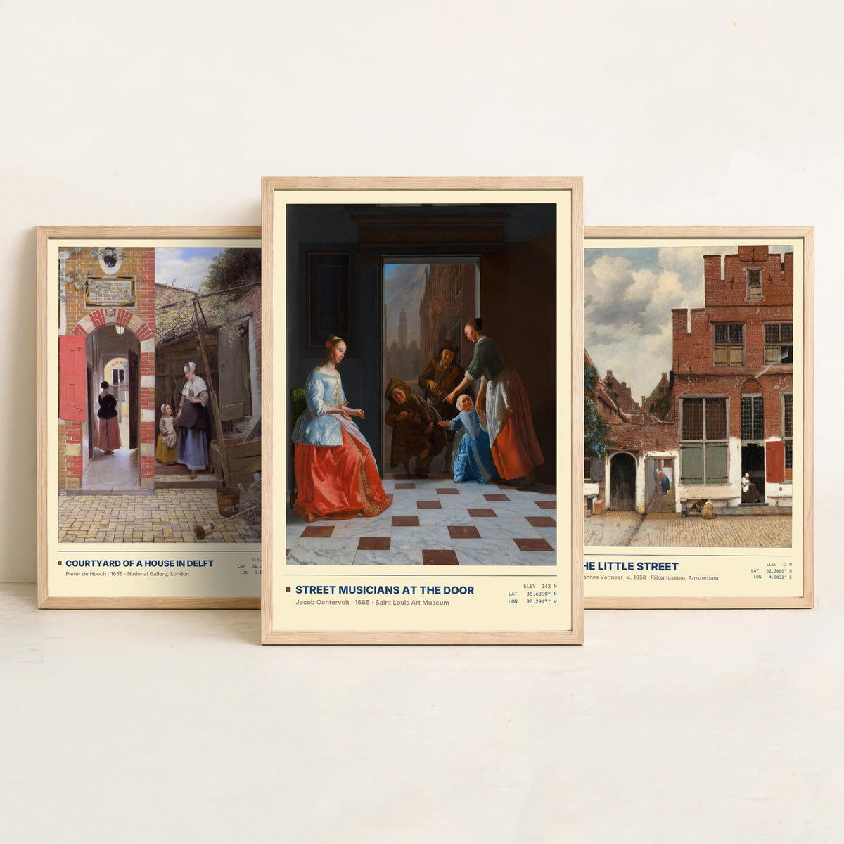 Dutch Doorways Set of Three Art Prints - The Little Street, Courtyard of a House in Delft, Street Musicians - Vermeer Paintings Posters