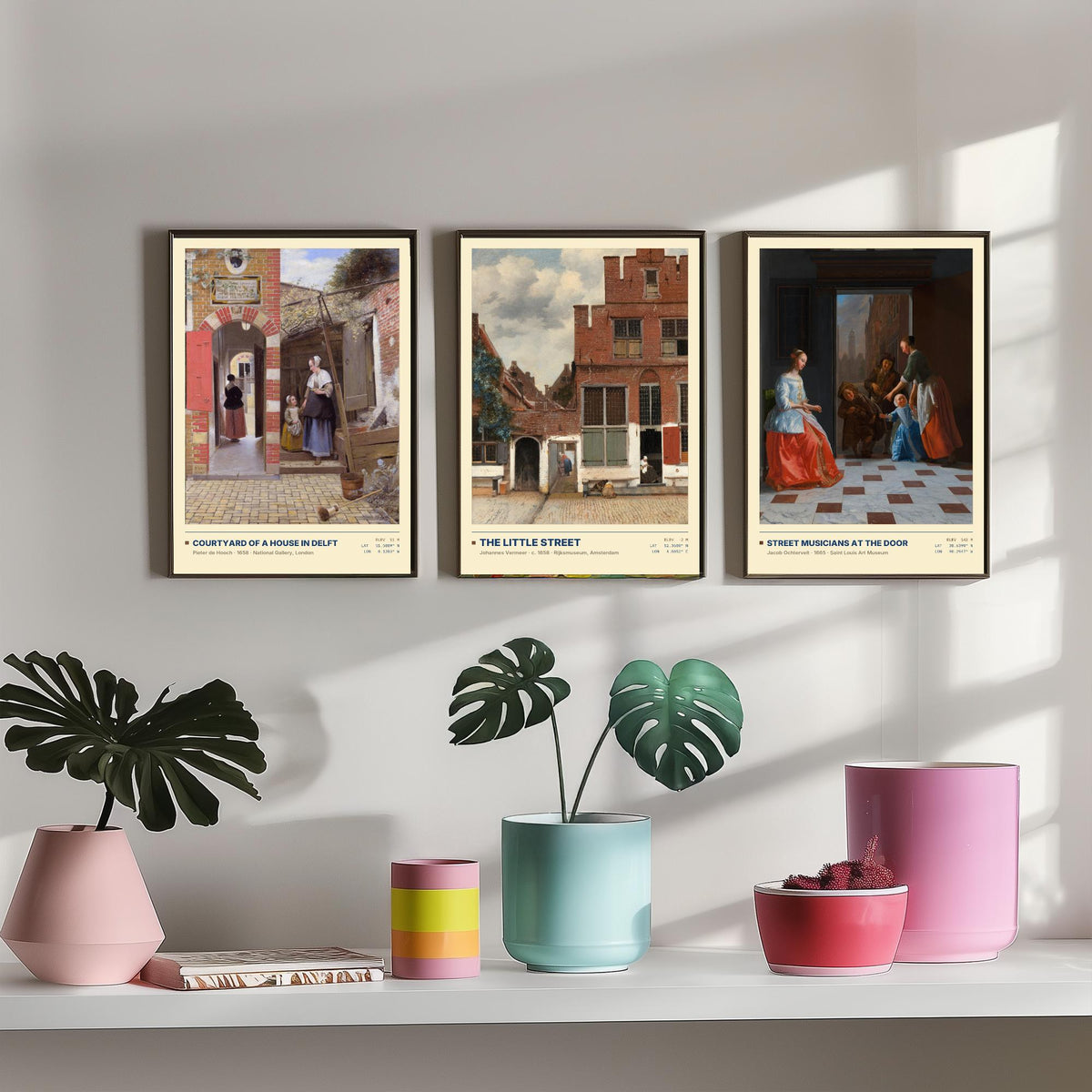 Dutch Doorways Set of Three Art Prints - The Little Street, Courtyard of a House in Delft, Street Musicians - Vermeer Paintings Posters
