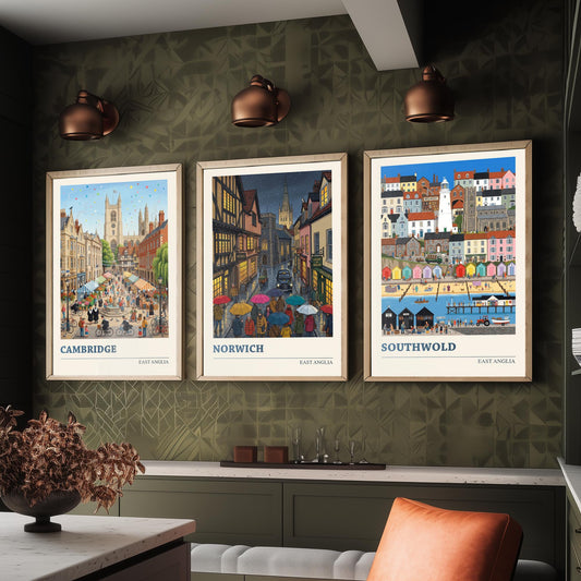 East Anglia Set of Three Art Prints - Cambridge, Norwich, Southwold - 3 Colourful Folk Illustration Travel Posters - East Anglian Painting