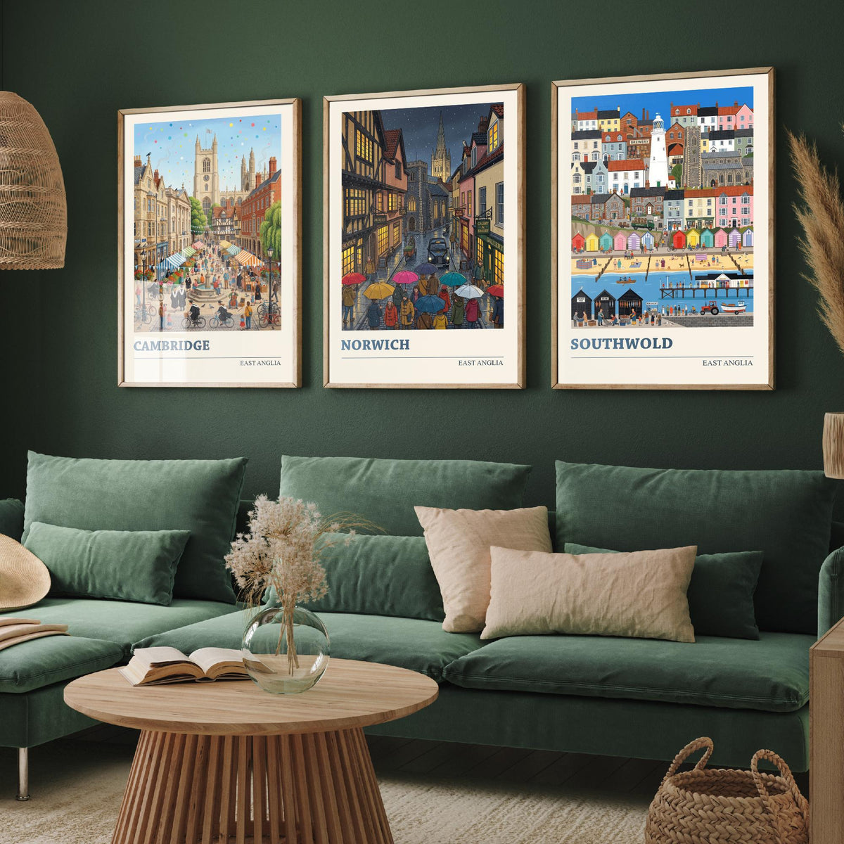 East Anglia Set of Three Art Prints - Cambridge, Norwich, Southwold - 3 Colourful Folk Illustration Travel Posters - East Anglian Painting