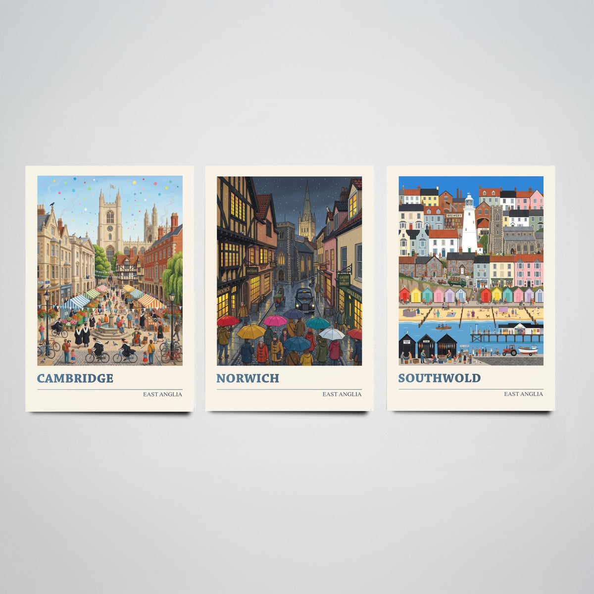 East Anglia Set of Three Art Prints - Cambridge, Norwich, Southwold - 3 Colourful Folk Illustration Travel Posters - East Anglian Painting