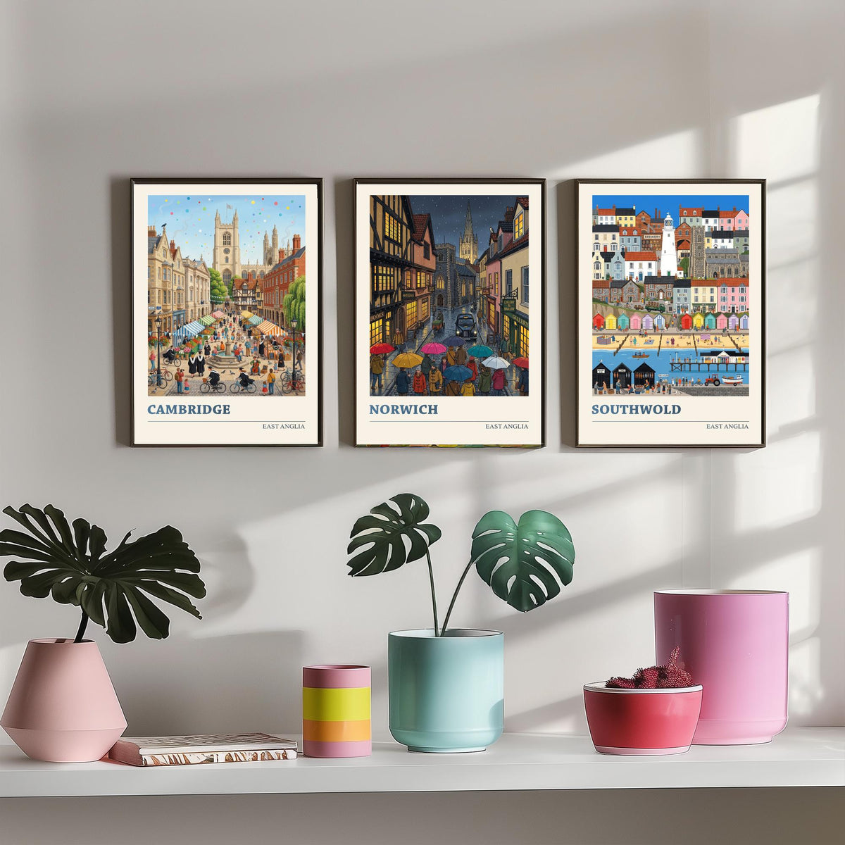East Anglia Set of Three Art Prints - Cambridge, Norwich, Southwold - 3 Colourful Folk Illustration Travel Posters - East Anglian Painting