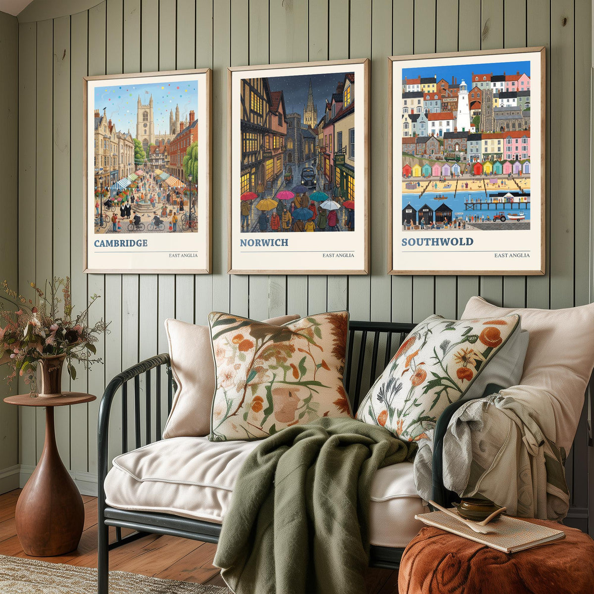 East Anglia Set of Three Art Prints - Cambridge, Norwich, Southwold - 3 Colourful Folk Illustration Travel Posters - East Anglian Painting