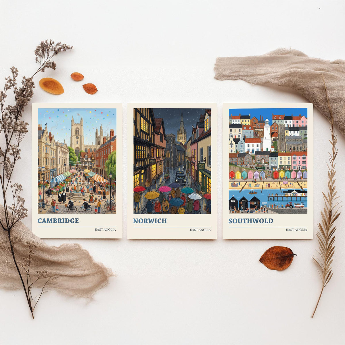 East Anglia Set of Three Art Prints - Cambridge, Norwich, Southwold - 3 Colourful Folk Illustration Travel Posters - East Anglian Painting