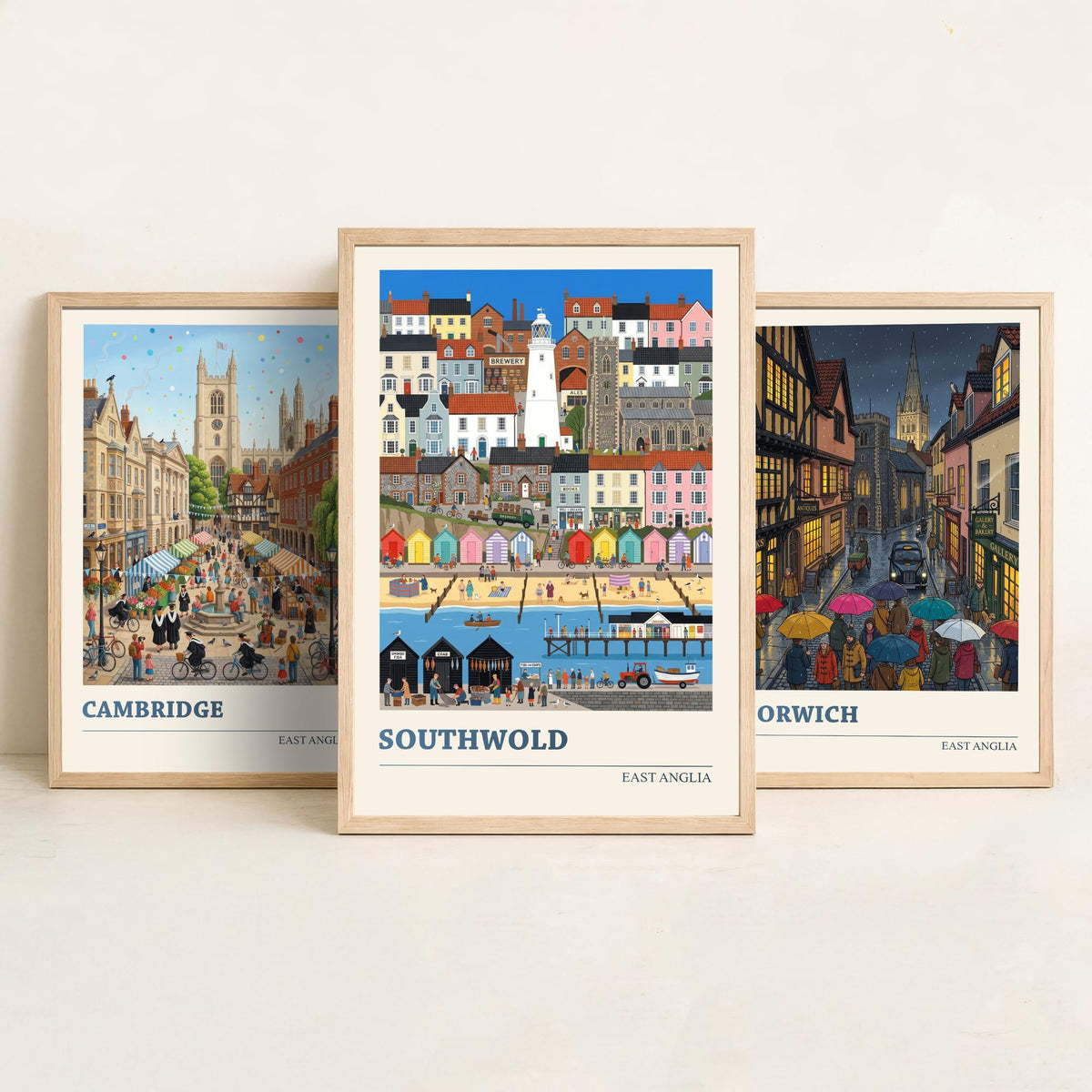 East Anglia Set of Three Art Prints - Cambridge, Norwich, Southwold - 3 Colourful Folk Illustration Travel Posters - East Anglian Painting
