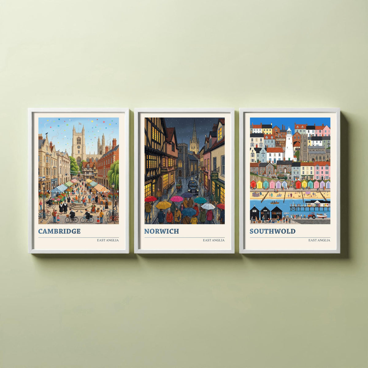 East Anglia Set of Three Art Prints - Cambridge, Norwich, Southwold - 3 Colourful Folk Illustration Travel Posters - East Anglian Painting