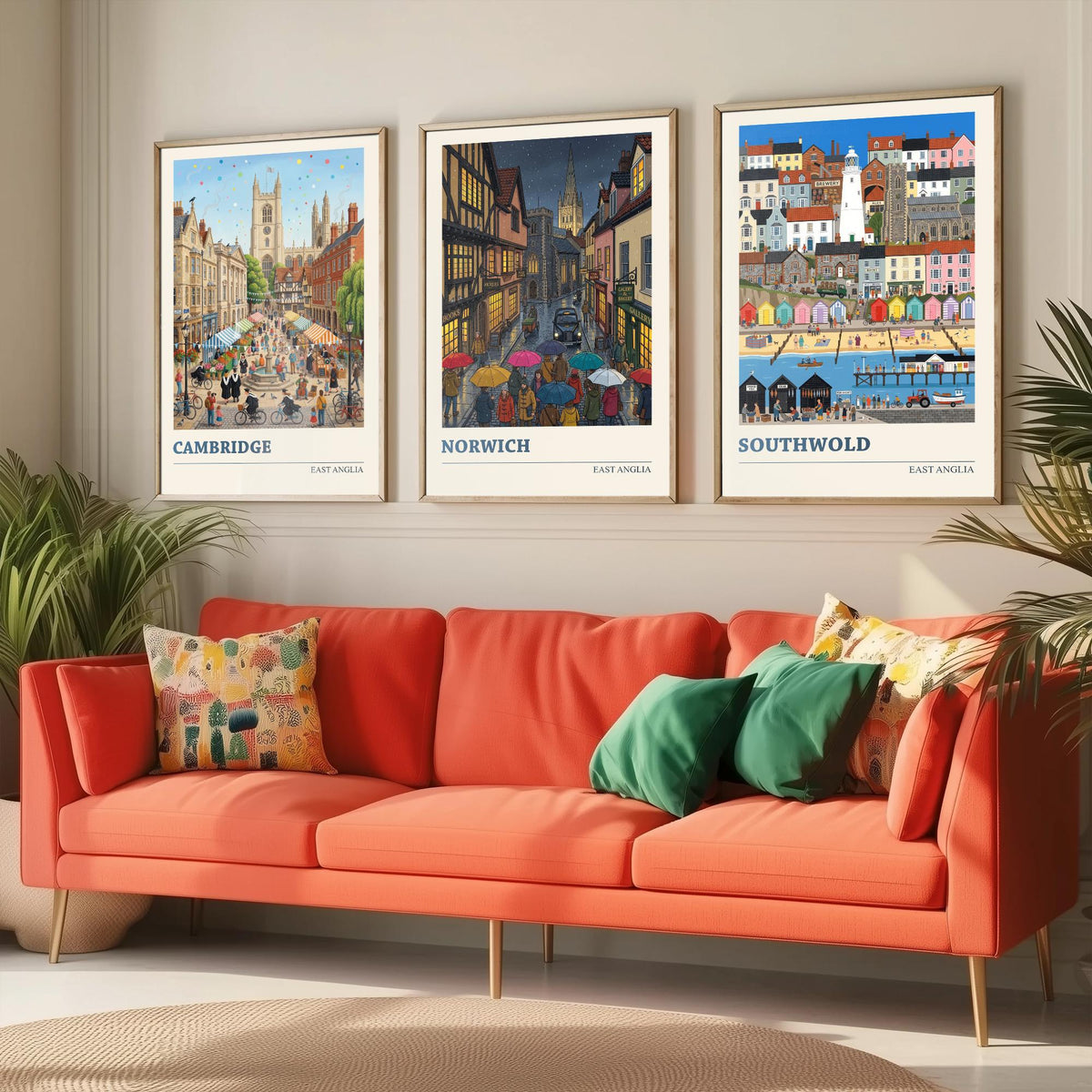 East Anglia Set of Three Art Prints - Cambridge, Norwich, Southwold - 3 Colourful Folk Illustration Travel Posters - East Anglian Painting