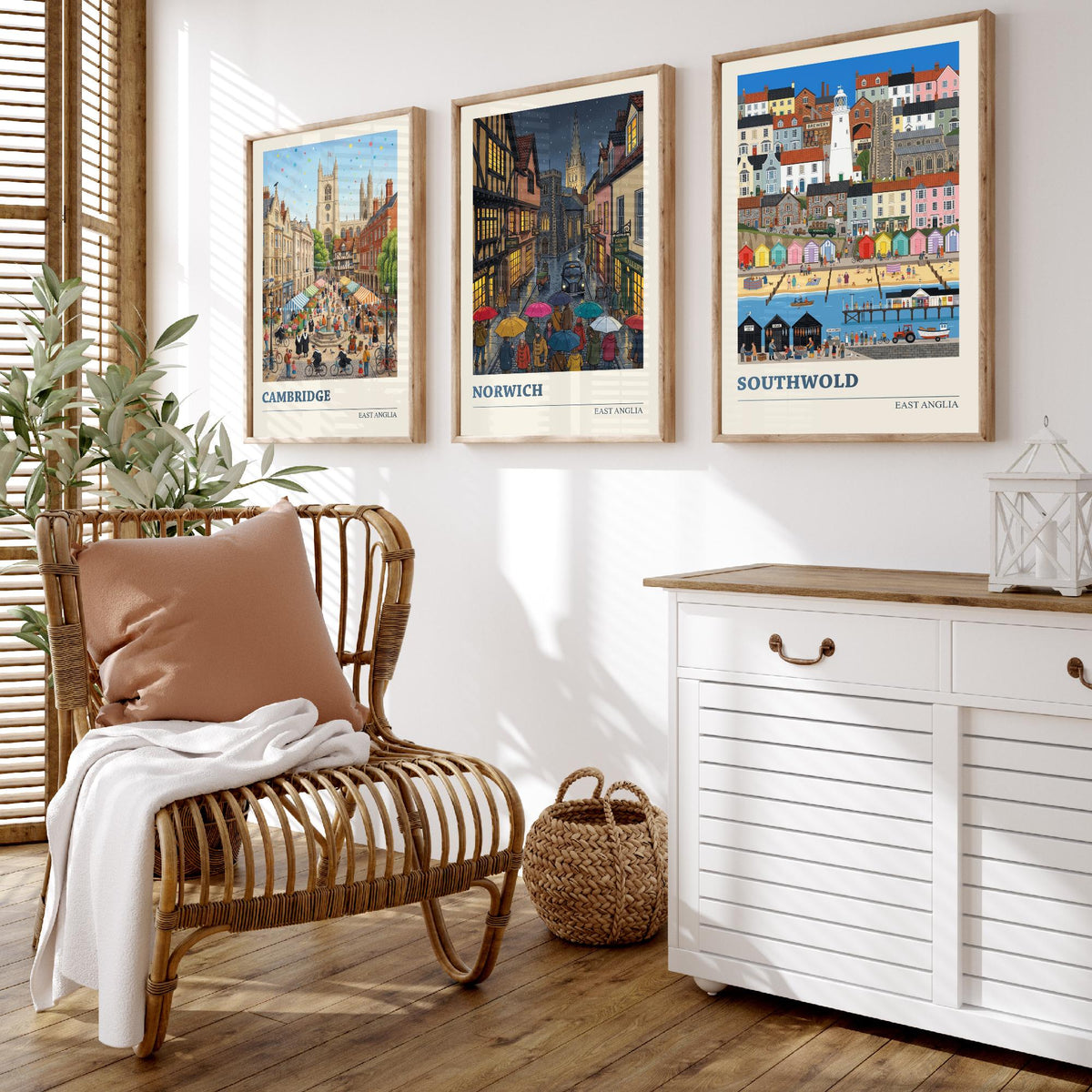 East Anglia Set of Three Art Prints - Cambridge, Norwich, Southwold - 3 Colourful Folk Illustration Travel Posters - East Anglian Painting