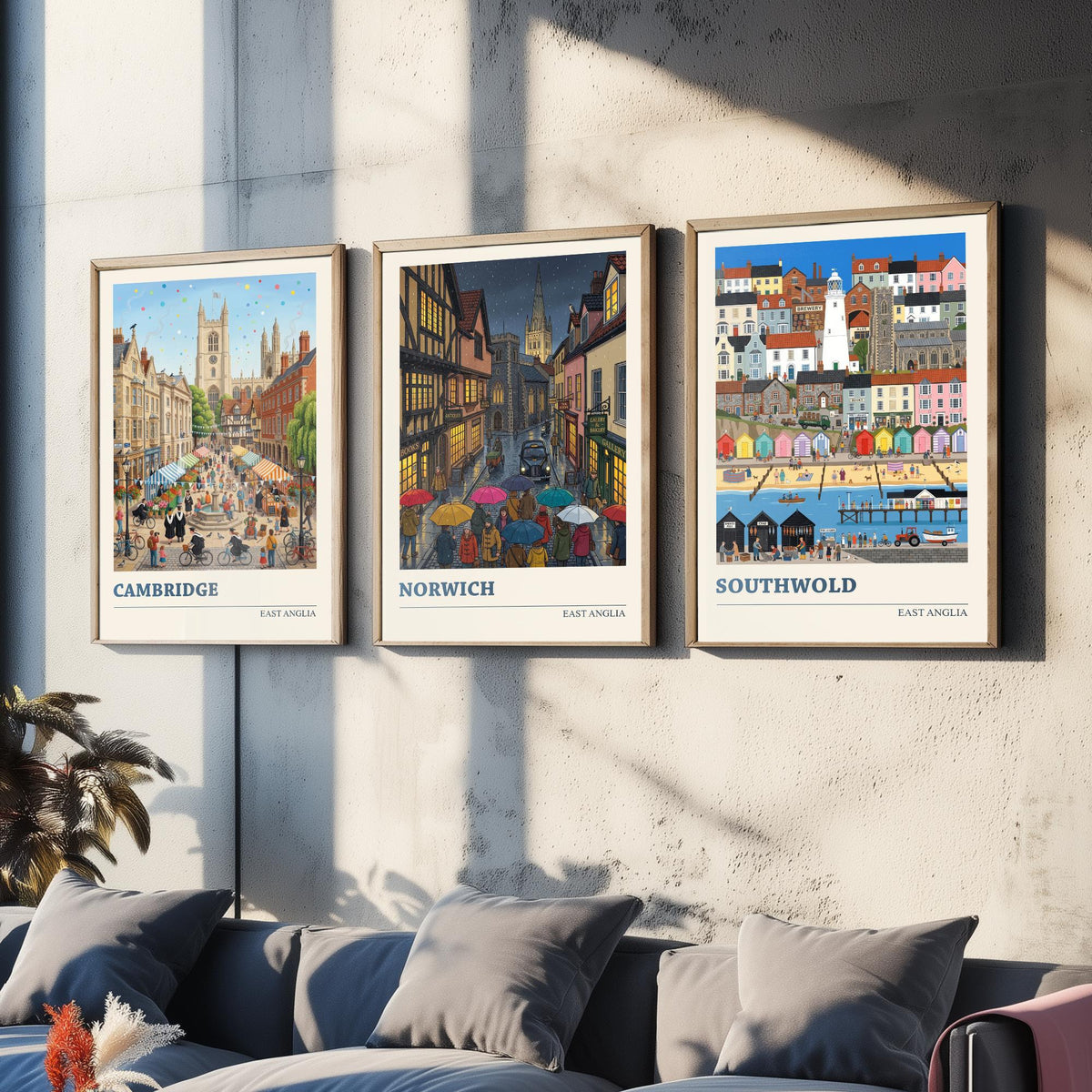 East Anglia Set of Three Art Prints - Cambridge, Norwich, Southwold - 3 Colourful Folk Illustration Travel Posters - East Anglian Painting