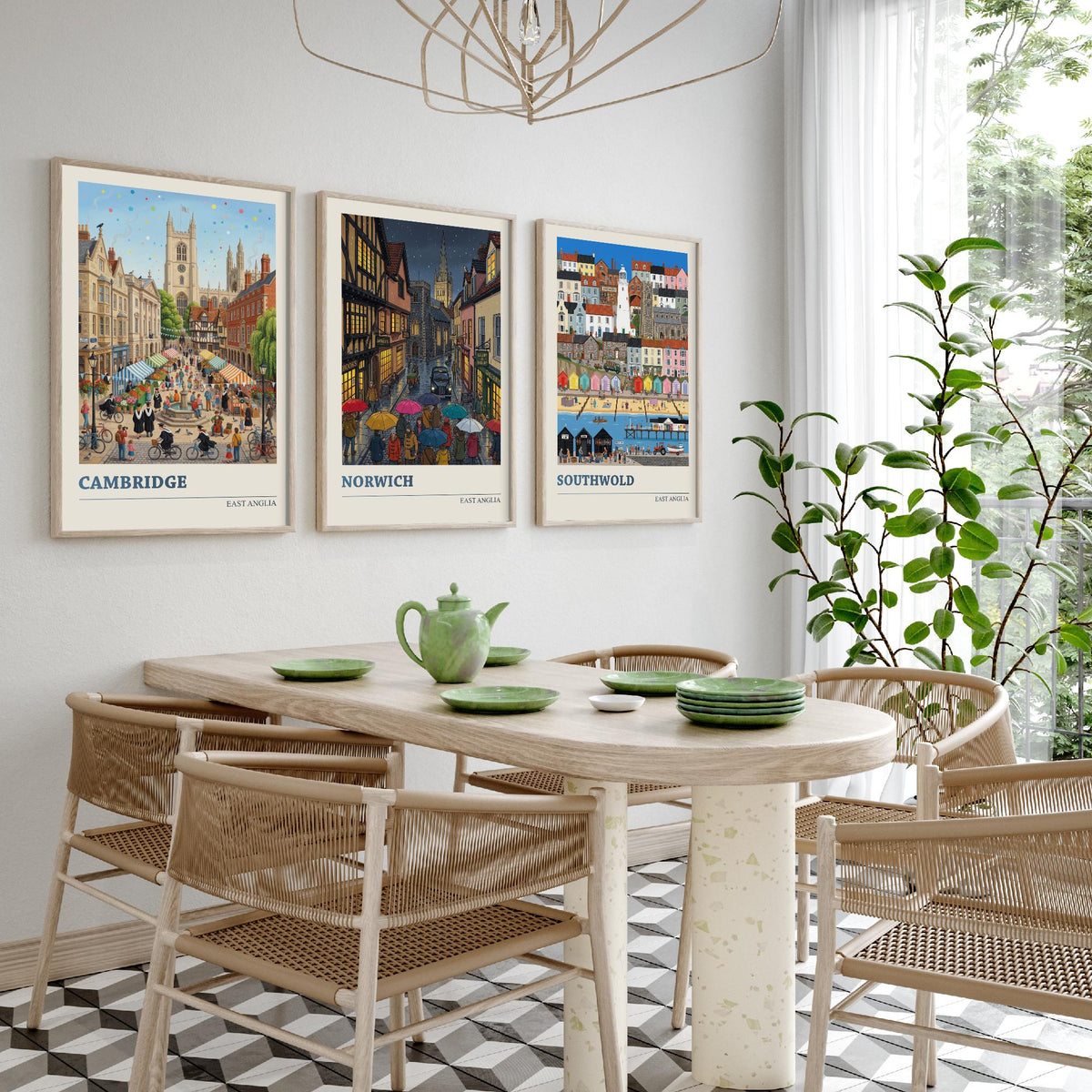 East Anglia Set of Three Art Prints - Cambridge, Norwich, Southwold - 3 Colourful Folk Illustration Travel Posters - East Anglian Painting