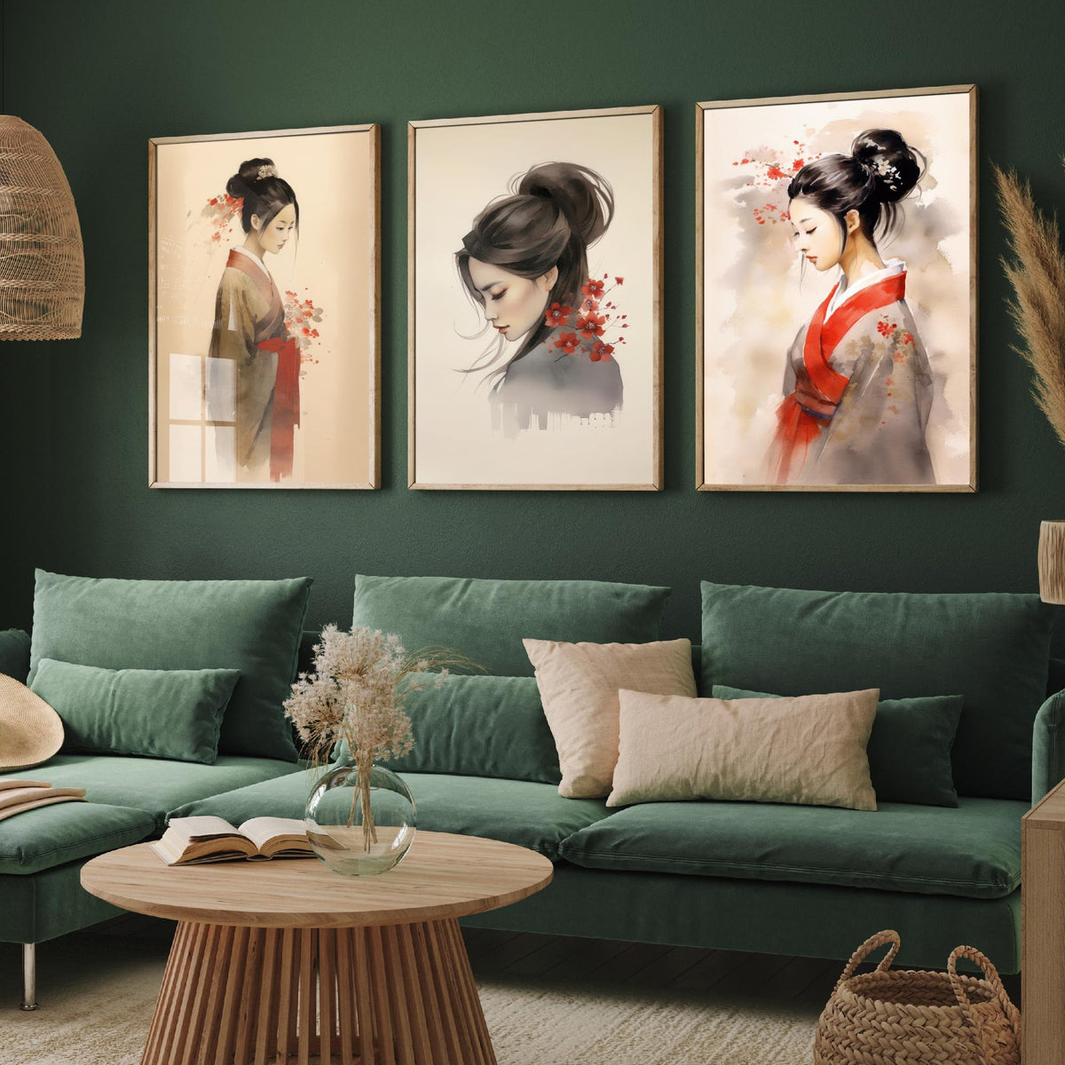 East Asian Woman Watercolour Set of Three Art Prints - Graceful Figures with Red Blossom - Soft Ink Poster Painting