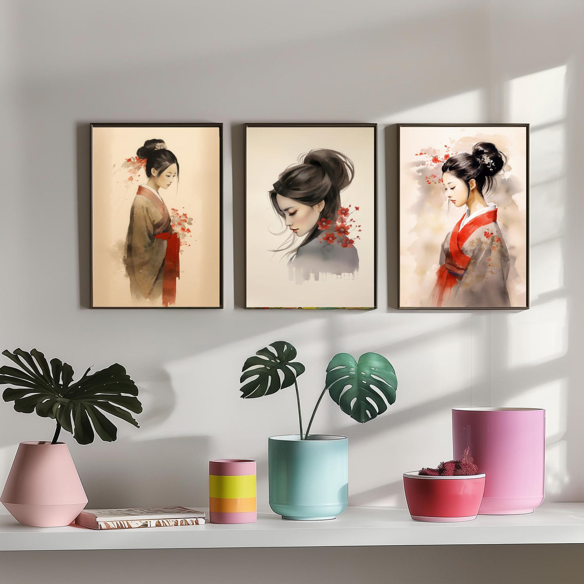 East Asian Woman Watercolour Set of Three Art Prints - Graceful Figures with Red Blossom - Soft Ink Poster Painting