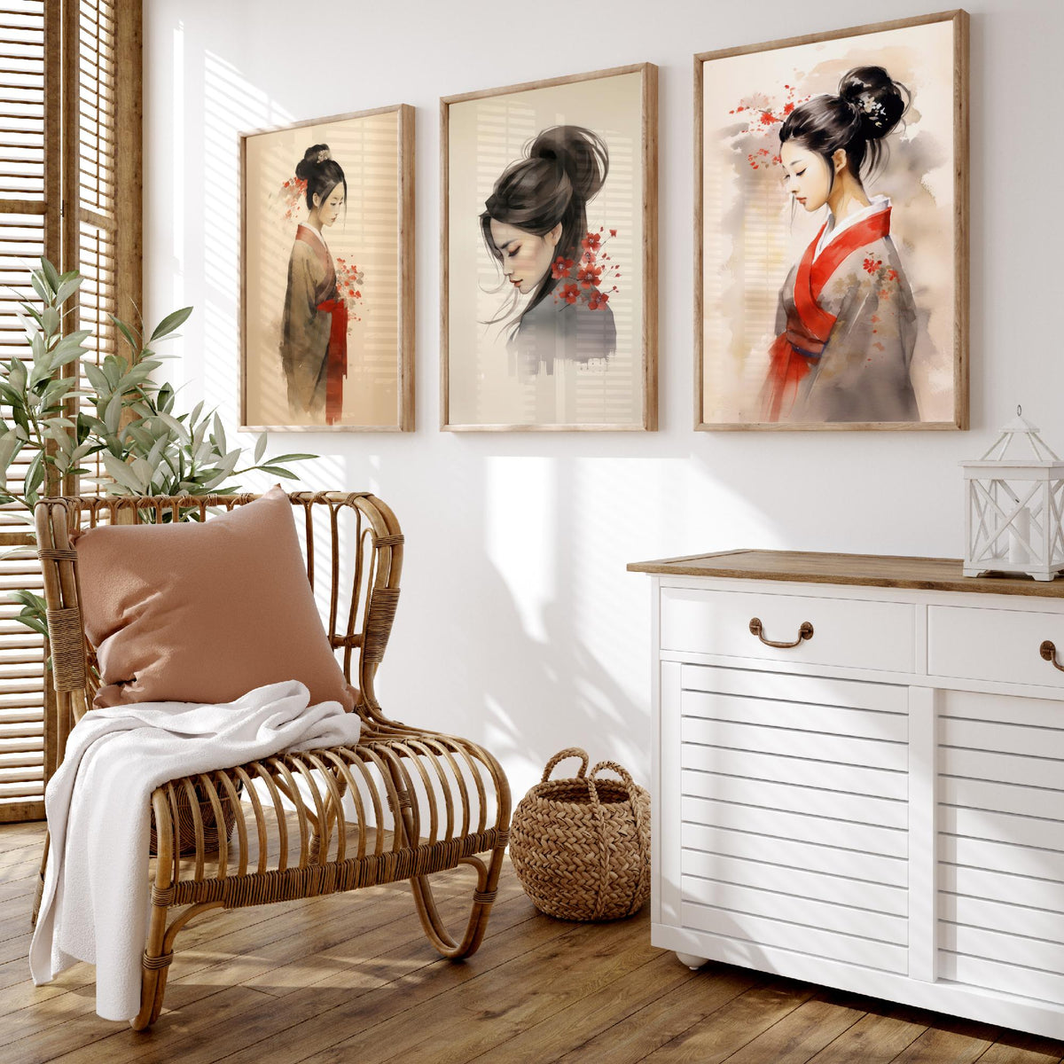 East Asian Woman Watercolour Set of Three Art Prints - Graceful Figures with Red Blossom - Soft Ink Poster Painting