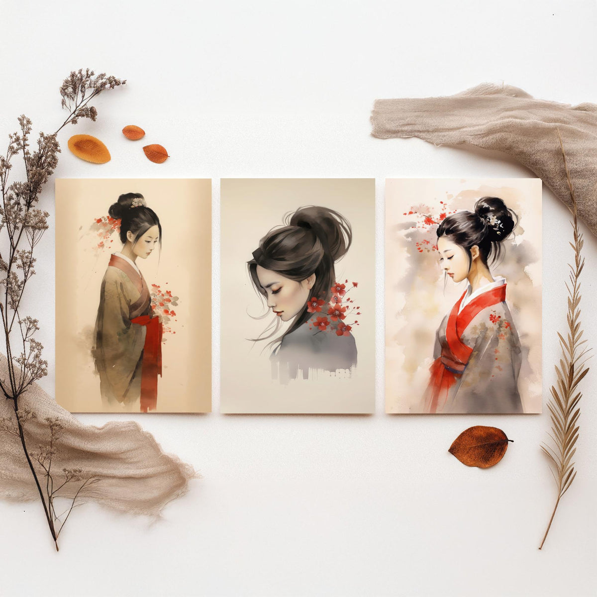 East Asian Woman Watercolour Set of Three Art Prints - Graceful Figures with Red Blossom - Soft Ink Poster Painting