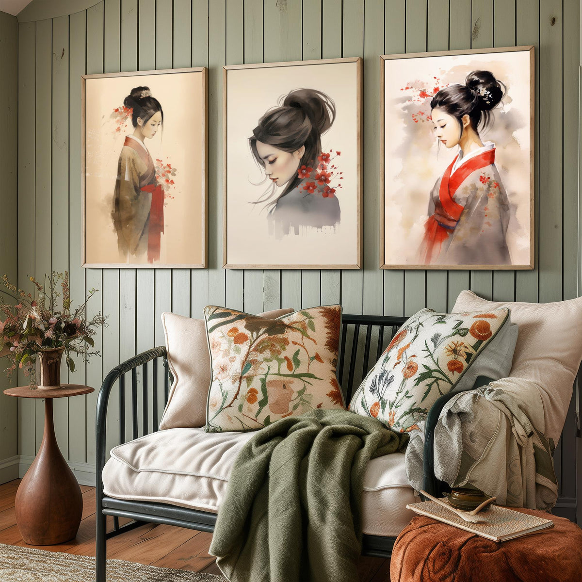East Asian Woman Watercolour Set of Three Art Prints - Graceful Figures with Red Blossom - Soft Ink Poster Painting