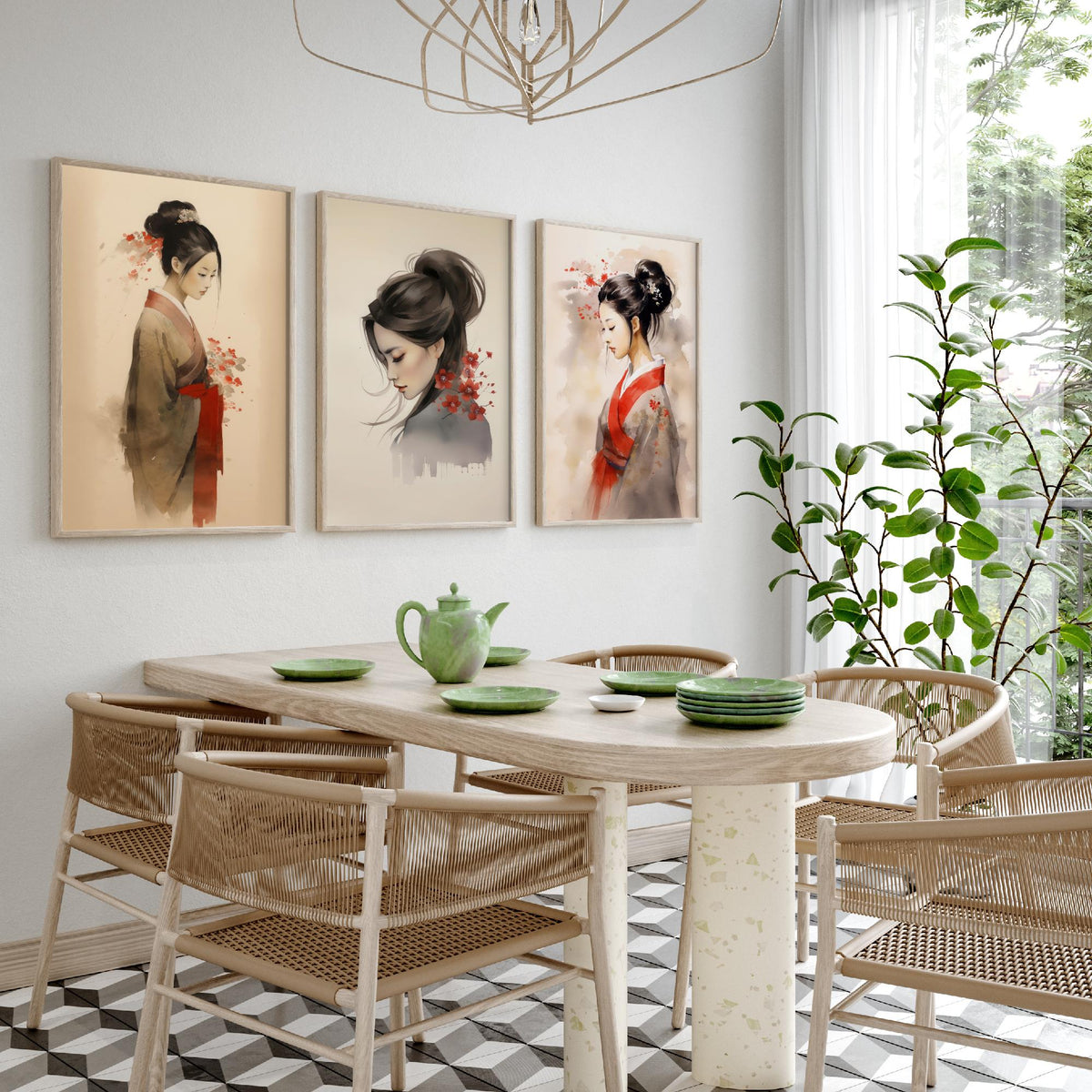 East Asian Woman Watercolour Set of Three Art Prints - Graceful Figures with Red Blossom - Soft Ink Poster Painting
