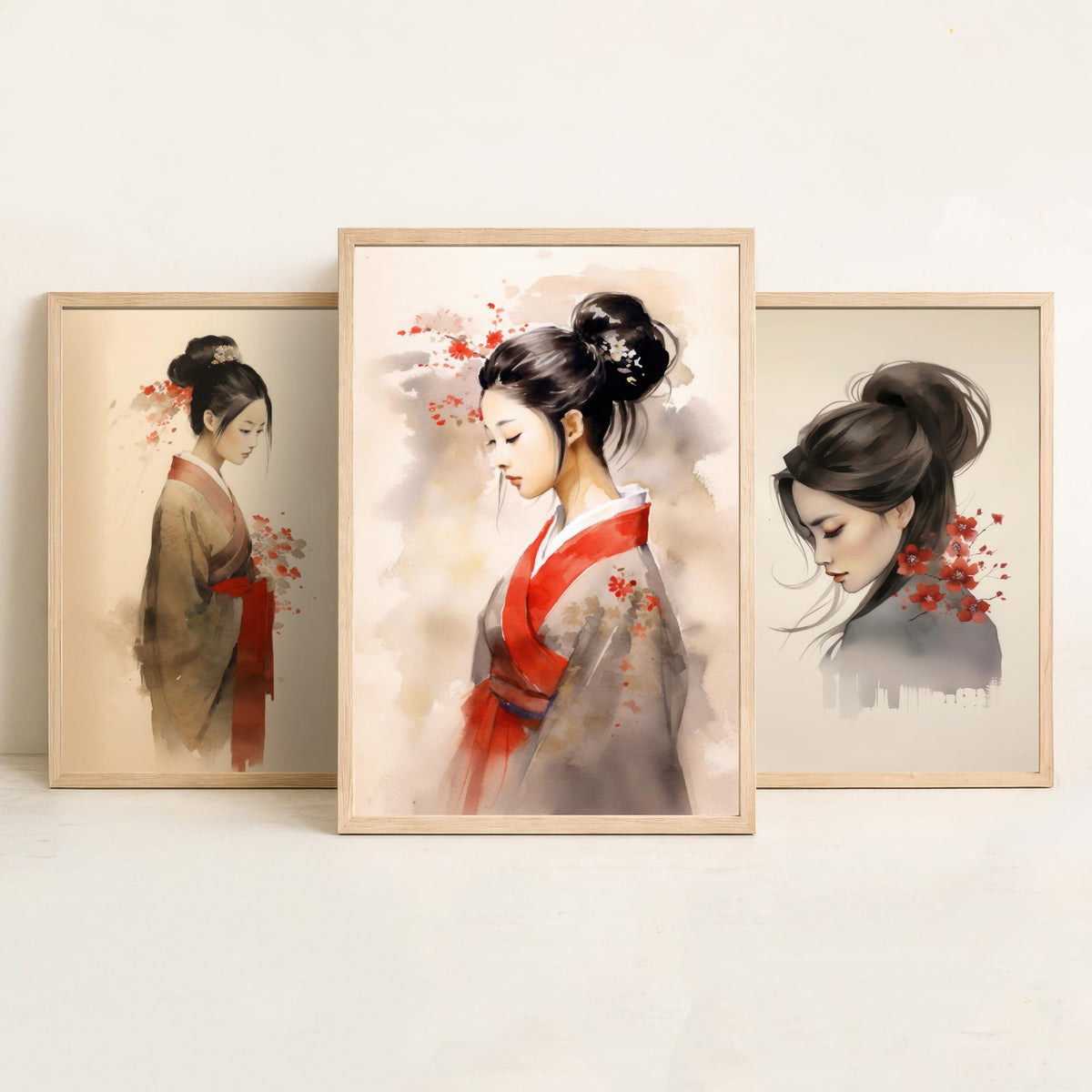 East Asian Woman Watercolour Set of Three Art Prints - Graceful Figures with Red Blossom - Soft Ink Poster Painting
